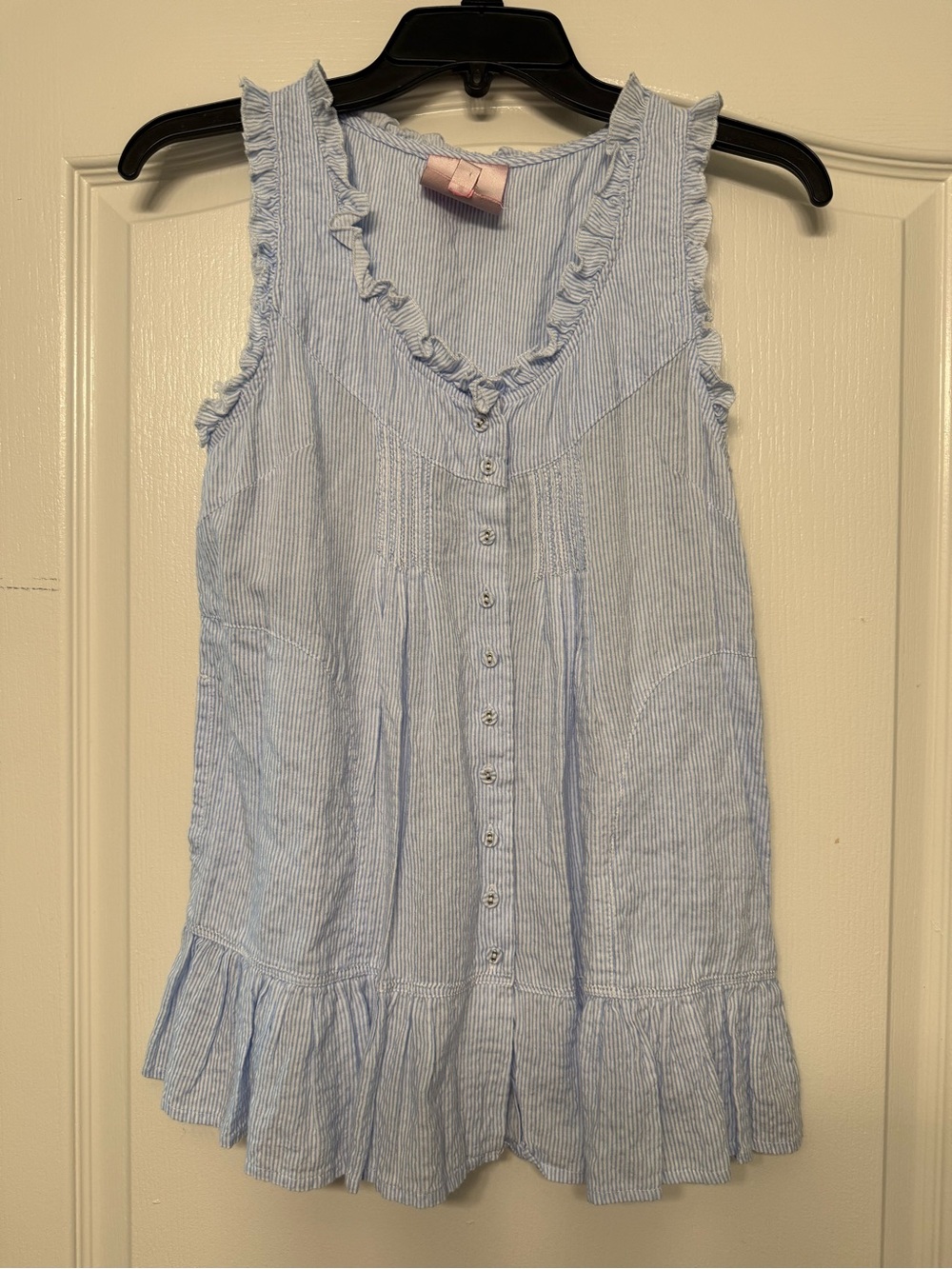 Romeo & Juliet Couture Light Blue & White Striped Ruffle Sleeveless Blouse